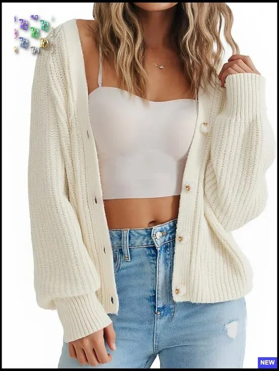 Oversized V-Neck Cardigan Chunky Knit Button Down Long Sleeve Loose Fit - Picture 1 of 7